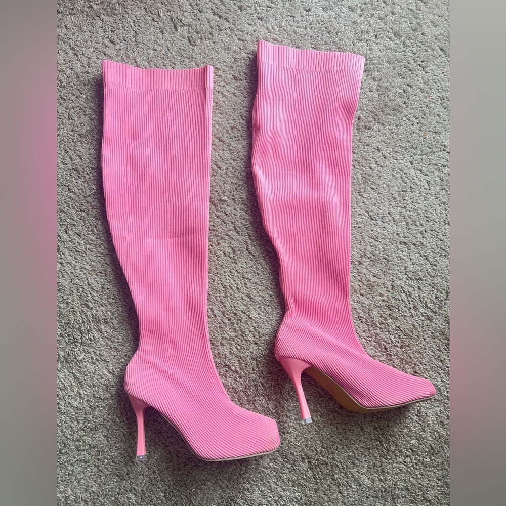 Pink Ribbed Sock Boots – Over-the-Knee / Knee-High Heels